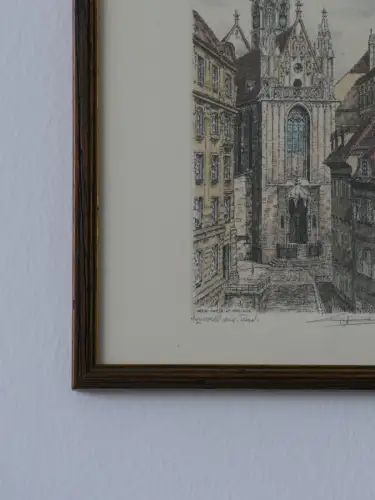 H80-Bild-Gemälde-Farbradierung-signiert-Stadtbild-Wien-gerahmt