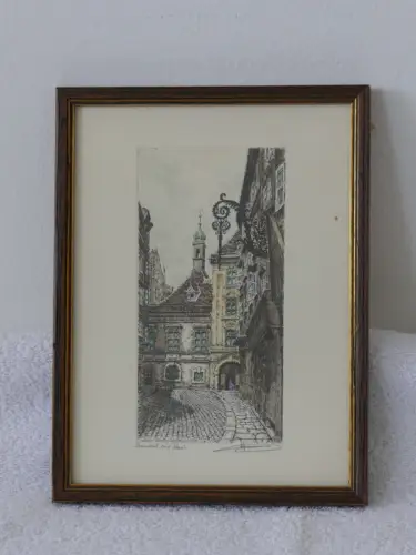 H81-Bild-Farbradierung-Gemälde-Wien-Stadtbild-signiert-gerahmt-hinter Glas