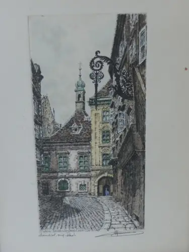 H81-Bild-Farbradierung-Gemälde-Wien-Stadtbild-signiert-gerahmt-hinter Glas