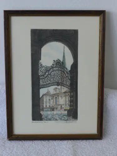 H82-Bild-Gemälde-Farbradierung-Stadtbild-Wien-signiert-gerahmt-hinter Glas