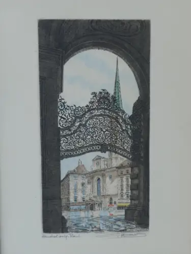 H82-Bild-Gemälde-Farbradierung-Stadtbild-Wien-signiert-gerahmt-hinter Glas