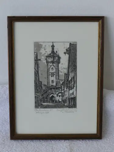 H83-Bild-Gemälde-original Radierung-Klingentor-Rothenburg-gerahmt-signiert