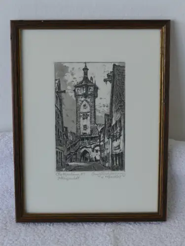 H83-Bild-Gemälde-original Radierung-Klingentor-Rothenburg-gerahmt-signiert