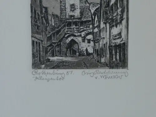 H83-Bild-Gemälde-original Radierung-Klingentor-Rothenburg-gerahmt-signiert