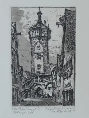 H83-Bild-Gemälde-original Radierung-Klingentor-Rothenburg-gerahmt-signiert