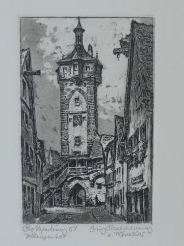 H83-Bild-Gemälde-original Radierung-Klingentor-Rothenburg-gerahmt-signiert