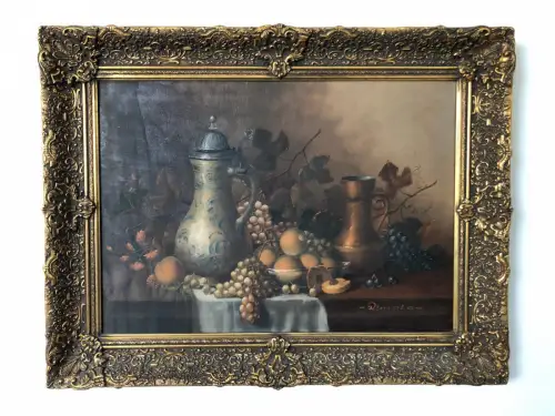 H32-Ölgemälde-Stillleben-Ölbild-Öl auf Leinen-Früchte am Tisch-gerahmt-signiert