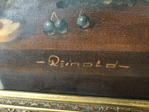 H32-Ölgemälde-Stillleben-Ölbild-Öl auf Leinen-Früchte am Tisch-gerahmt-signiert