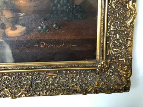 H32-Ölgemälde-Stillleben-Ölbild-Öl auf Leinen-Früchte am Tisch-gerahmt-signiert