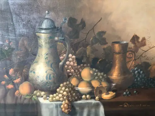 H32-Ölgemälde-Stillleben-Ölbild-Öl auf Leinen-Früchte am Tisch-gerahmt-signiert