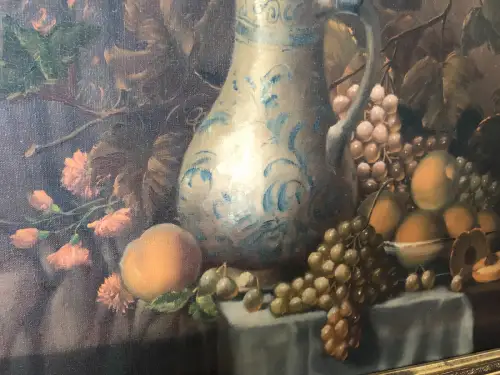 H32-Ölgemälde-Stillleben-Ölbild-Öl auf Leinen-Früchte am Tisch-gerahmt-signiert