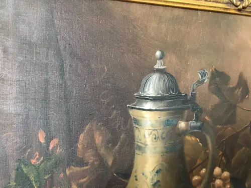 H32-Ölgemälde-Stillleben-Ölbild-Öl auf Leinen-Früchte am Tisch-gerahmt-signiert