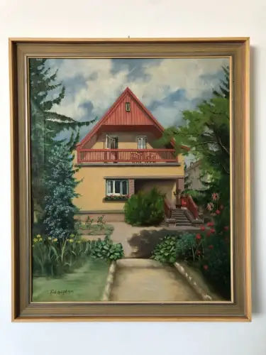 H35-Ölgemälde-Öl auf Leinen-Landschaftsbild-"das Haus"-Ölbild-signiert-gerahmt