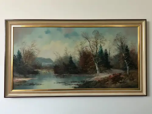 H39-Gemälde-Öl auf Leinen-Ölbild-Landschaftsbild-Waldsee-gerahmt-signiert