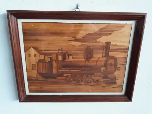 H374-Holzbild-Lokomotive-Gemälde-Bild-hinter Glas-gerahmt