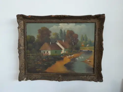 H1456-Ölbild-Landschaftsbild-Öl auf Leinen-Ölgemälde-gerahmt-signiert-Bild