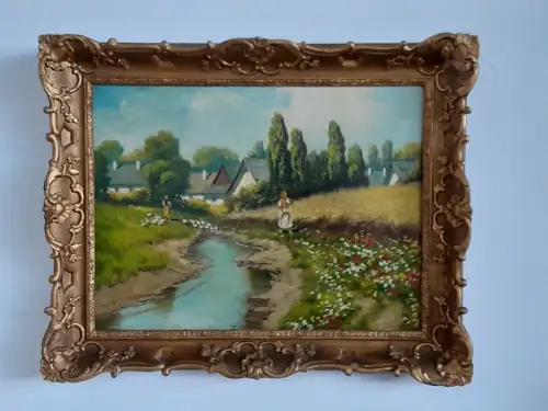 H1461-Ölbild-Öl auf Holz-Landschaftsbild-Ölgemälde-gerahmt-Prunkrahmen-Bild