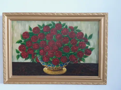 H1462-Stillleben-Ölbild-Öl auf Leinen-Ölgemälde-Rosenstrauß-signiert-gerahmt