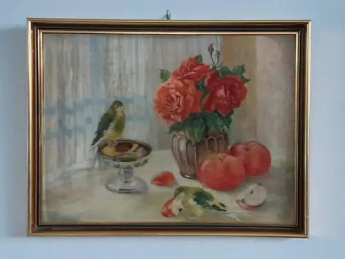 H1464-Ölbild-Öl auf Holz-Stillleben-Ölgemälde-gerahmt-monogrammiert-Bild-Gemälde