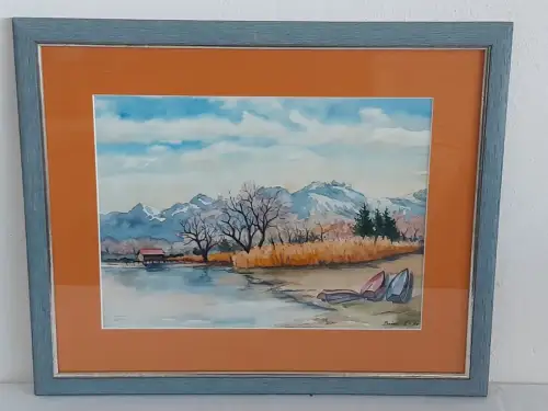 H1467-Aquarell-Landschaftsbild-Bucht im Winter-Gemälde-Bild-signiert-gerahmt