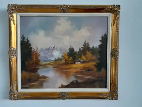 H1469-Ölbild-Öl auf Leinen-Ölgemälde-Landschaftsbild-gerahmt-Bild-Gemälde