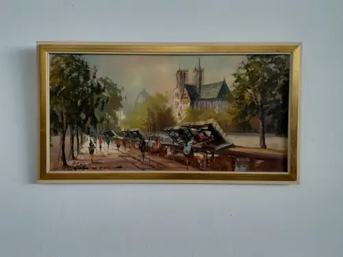 H1471-Ölbild-Straßenszenerie-Paris-Öl auf Leinen-Ölgemälde-signiert-gerahmt-Bild