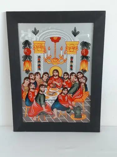 H1472-Glasmalerei-Heiligenbild-das letzte Abendmahl-Bild-Gemälde-gerahmt