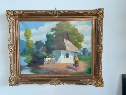 H1460-Ölbild-Öl auf Leinen-Ölgemälde-Haus am Fluss-signiert-gerahmt-Bild-Gemälde