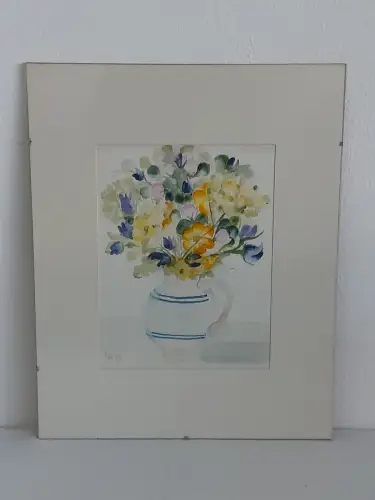 H1468-Aquarell-Blumenkrug-Gemälde-Bild-Passepartout-monogrammiert-hinter Glas