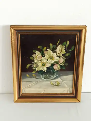 H818-Stillleben-Öl auf Holz-Ölgemälde-Blumenvase-signiert-gerahmt-Ölbild-Bild