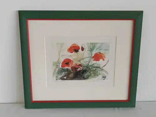 H822-Druck-Aquarell-Mohn-signiert-gerahmt-datiert-Bild-Gemälde-Passepartout