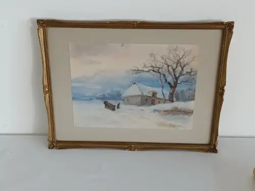 H786-Bild-Gemälde-Zeichnung auf Papier-Winterlandschaft-signiert-gerahmt