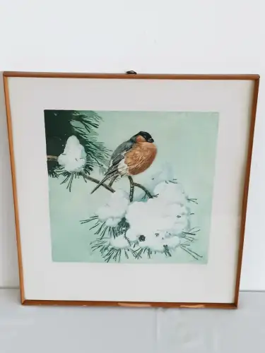 H791-Gemälde-Bild-Winterlandschaft-Kohlmeise-Tierbild-gerahmt-signiert