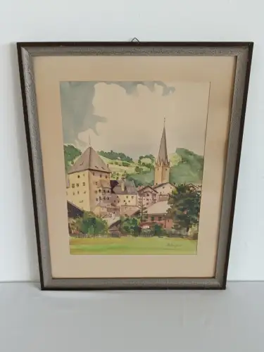 H792-Aquarell-Landschaftsbild-gerahmt-signiert-Bild-Gemälde