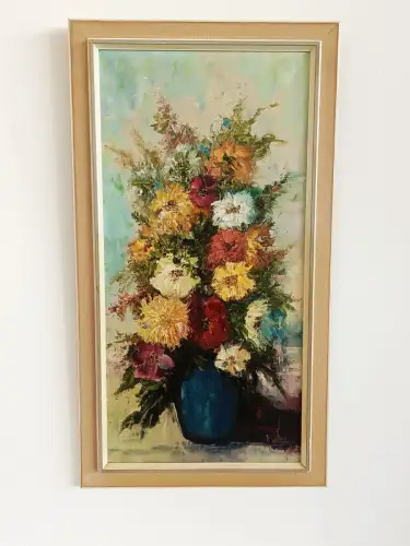 H799-Stillleben-Öl auf Leinen-Ölbild-Ölgemälde-signiert-gerahmt-Blumenvase-Bild