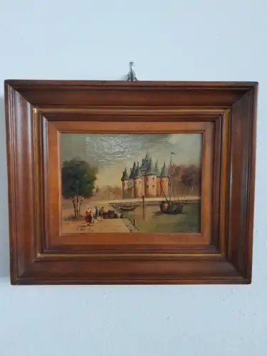 H1475-Ölbild-Küstenstadt-Öl auf Holz-Ölgemälde-signiert-gerahmt-Küstenort-Bild