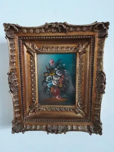 H1485-Stillleben-Mischtechnik-Bild-Gemälde-Blumenbild-signiert-gerahmt
