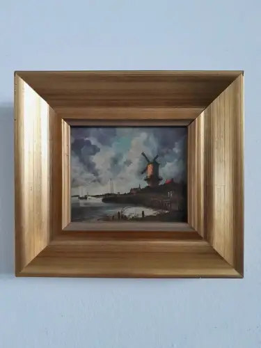 H1486-Ölbild-Öl auf Holz-Ölgemälde-Turmwindmühle-gerahmt-Landschaftsbild