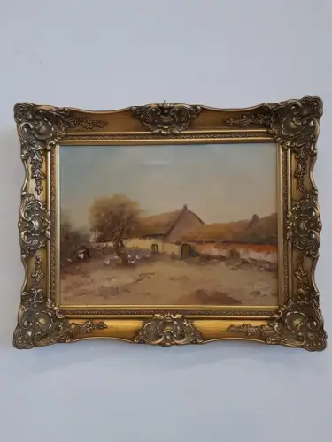 H1487-Ölbild-Öl auf Leinen-Ölgemälde-Bauernhof-signiert-gerahmt-Prunkrahmen-Bild