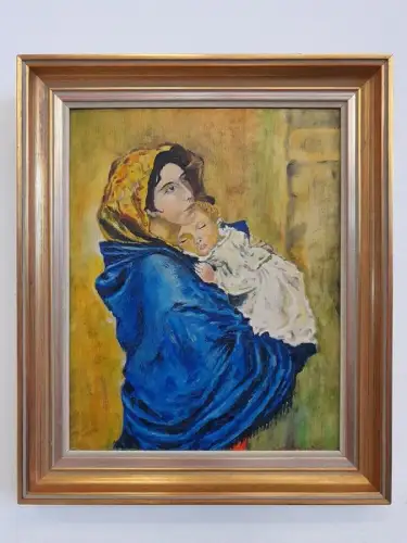 H1488-Ölbild-Öl auf Holz-Ölgemälde-signiert-gerahmt-Madonna mit Kind-datiert