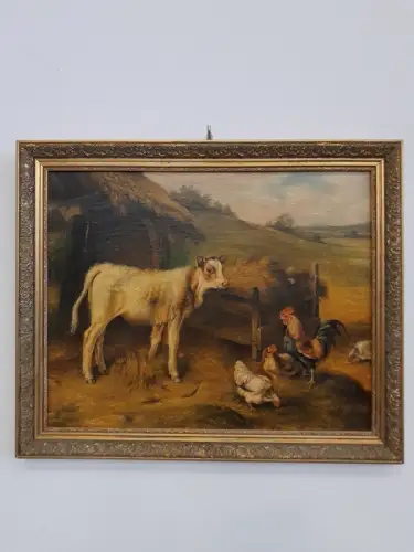 H1490-Ölbild-Öl auf Holz-Ölgemälde-Tierbild-gerahmt-monogrammiert-Bild-Gemälde