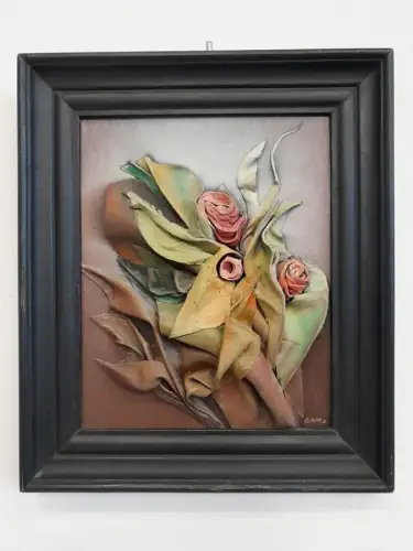 H1491-Blumenbild-Mischtechnik-signiert-gerahmt-Gemälde-Bild