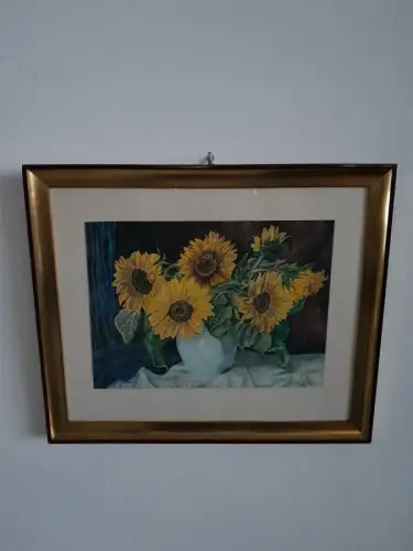 H1492-Stillleben-Aquarell-Bild-Gemälde-Sonnenblume-signiert-gerahmt-datiert
