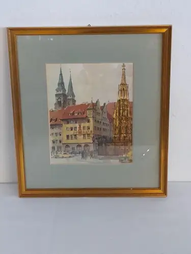 H1493-Stadtbild-Aquarell-Bild-Gemälde-Passepartout-hinter Glas-gerahmt
