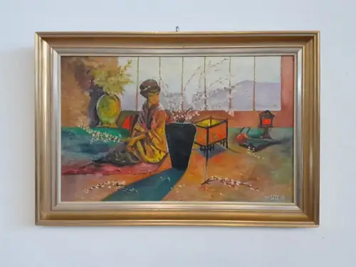 H1494-Ölbild-Öl auf Holz-Geisha-Ölgemälde-gerahmt-monogrammiert-datiert-Bild