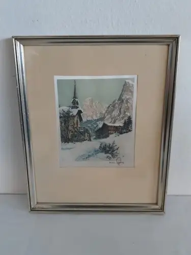 H1506-Seidenmalerei-Bild-Winterlandschaft-Gemälde-hinter Glas-signiert-gerahmt