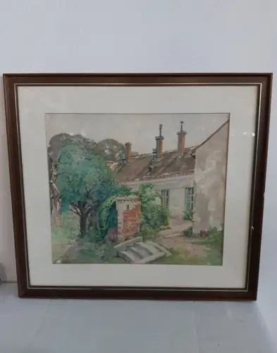 H1508-Aquarell-Bild-Gemälde-Landhaus-signiert-gerahmt-datiert-Passepartout