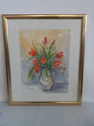H1496-Aquarell-Stillleben-Bild-Blumenbild-Tulpen-signiert-gerahmt-datiert