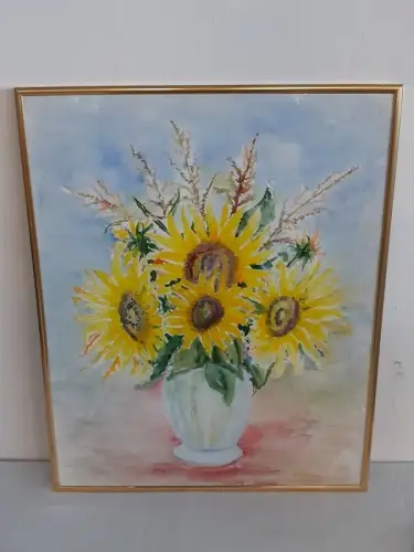 H1502-Aquarell-Stillleben-Blumenbild-Gemälde-Bild-gerahmt-hinter Glas