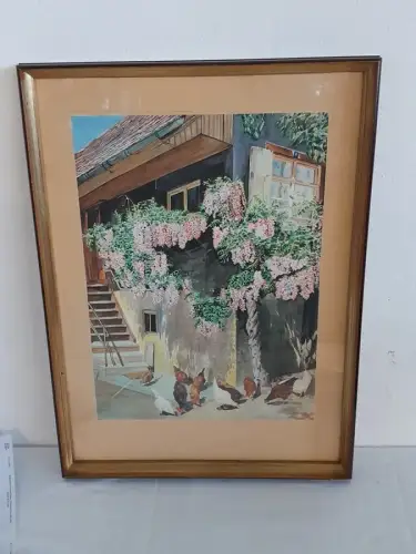 H1504-Aquarell-Bild-Gemälde-Der Hof-signiert-gerahmt-datiert-hinter Glas